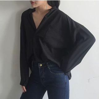 Long-sleeve Plain Blouse Black - One Size