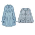 Long-sleeve Tie-neck Mini A-line Dress / Tweed Jacket