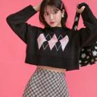 [barbie Flower] Argyle Crop Sweater Black - One Size