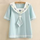 Sailor Collar Embroidered Short-sleeve Top