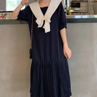 Bow Accent Elbow-sleeve Mid Ishift Dress