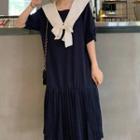 Bow Accent Elbow-sleeve Mid Ishift Dress
