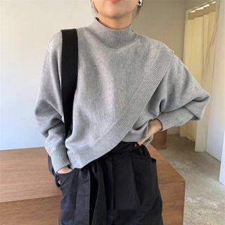 Long-sleeve Mock Neck Asymmetric Plain Sweatshirt
