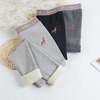 Deer Embroidered Fleece-lined Leggings