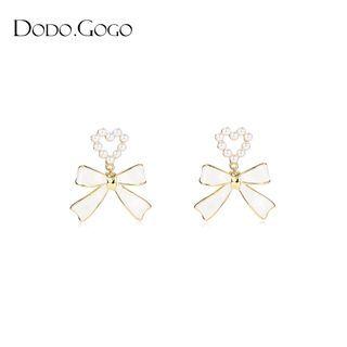Heart Faux Pearl Bow Alloy Dangle Earring 1 Pair - Gold - One Size