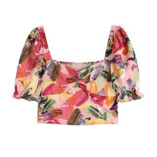 Short-sleeve Abstract Print Crop Top