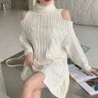 Long-sleeve Cold-shoulder Turtleneck Knit Mini Dress