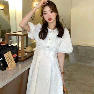 Puff-sleeve Round Neck Plain Midi A-line Dress