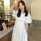 Puff-sleeve Round Neck Plain Midi A-line Dress