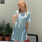 Short-sleeve Contrast Trim Button-up Cropped Blouse / Pleated Mini A-line Skirt