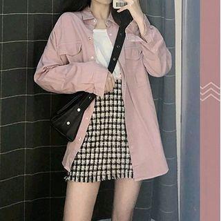 Set: Long-sleeve Shirt + Short-sleeve T-shirt + Plaid A-line Mini Skirt