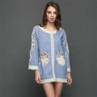 3/4-sleeve Crochet Panel Tunic Blue - One Size