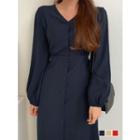 V-neck Bishop-sleeve Long Shirtdress