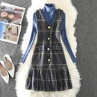 Mock Turtleneck Sweater / Pleated Plaid Pinafore Dress / Set