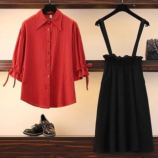 Set: Puff Sleeve Shirt + Suspender A-line Skirt