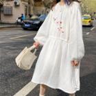 Flower Embroidered Long-sleeve Shift Dress White - One Size