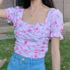 Puff-sleeve Floral Ruched Crop Top