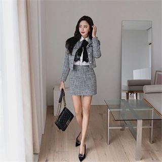 Set: Faux-pearl Button Jacket + Mini Skirt
