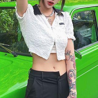 Short-sleeve Zip-up Crinkle Crop Top