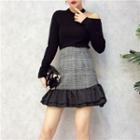 Set: Long-sleeve Cutout T-shirt + Plaid Ruffle Hem A-line Skirt