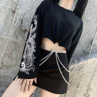 Dragon-print Chain-accent Cropped Top