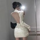Long-sleeve Open-back Cable Knit Mini Bodycon Dress