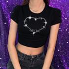 Short-sleeve Rhinestone Heart Cropped T-shirt