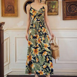Flower Print Bow Back Spaghetti Strap Maxi A-line Dress