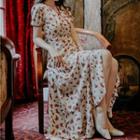 Contrast Trim Floral Short-sleeve Maxi Dress