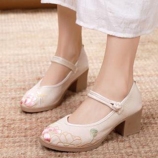 Embroidered Chunky-heel Frog-button Mary Jane Shoes