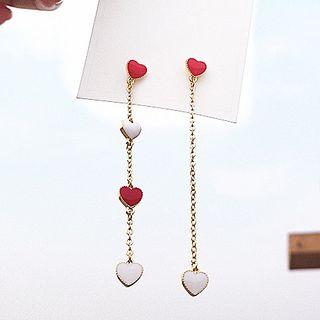 Non-matching Heart Dangle Earring E040 - White & Red - One Size