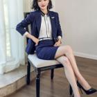 Contrast Trim Shirt / Pinstriped Blazer / Pencil Skirt / Set