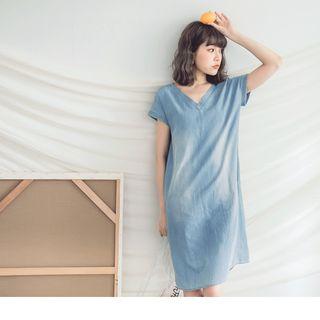 Cutout Back V-neck Washed Denim Dress