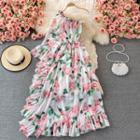 Single Shoulder Floral Print Ruffled Maxi Dress