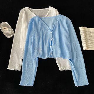 V-neck Button-up Plain Cropped Cardigan