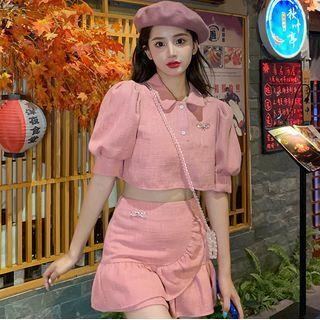 Puff-sleeve Polo-neck Crop Top / Ruffle Hem Mini Skirt