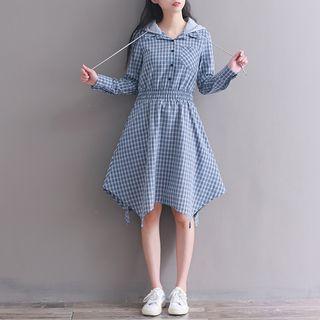 Hooded Long-sleeve Plaid Drawstring Dress