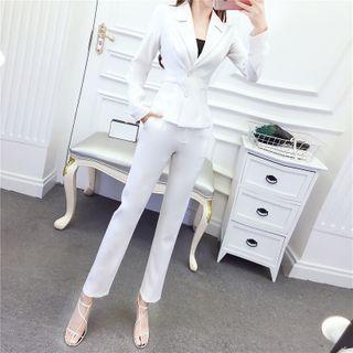 Set: Plain Lace-panel Blazer + Straight Leg Pants