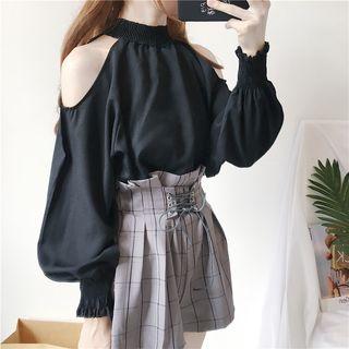 Long-sleeve Cold-shoulder Blouse / Plaid Lace-up Shorts