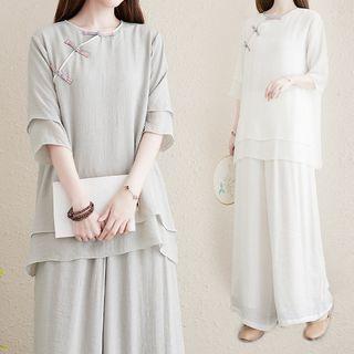 Set Of 2: Mock Two-piece Elbow-sleeve Plain Frog Button Top + High-waist Plain Wide-leg Pants