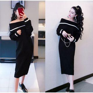 Off-shoulder Contrast-trim Midi Sweater Dress Black - One Size