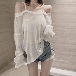 Cold Shoulder Beaded Knit Top As Shown In Figure - One Size