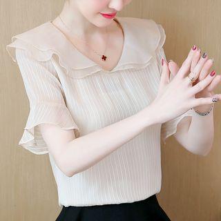 Double Collared Short-sleeve Chiffon Blouse