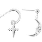 Moon & Star Asymmetrical Sterling Silver Dangle Earring 1 Pair - 925 Silver - Earring - Silver - One Size