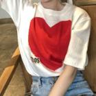 Short-sleeve Knit Top Red Love Heart - White - One Size