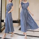 Short-sleeve Striped Buttoned A-line Midi Dress