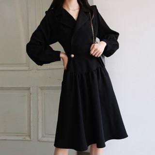 Collared Lantern-sleeve A-line Dress
