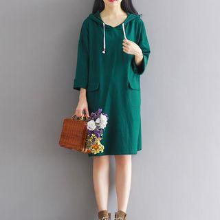 3/4-sleeve Plain Hooded Dress