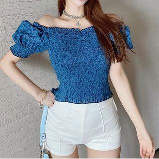 Floral Print Off Shoulder Crop Top Blue - One Size