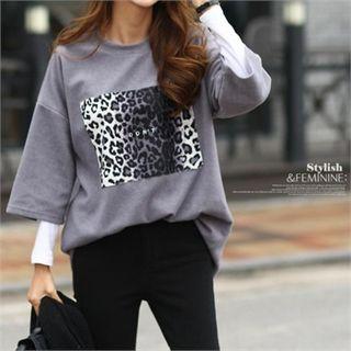 Elbow-sleeve Leopard Print T-shirt Gray - One Size